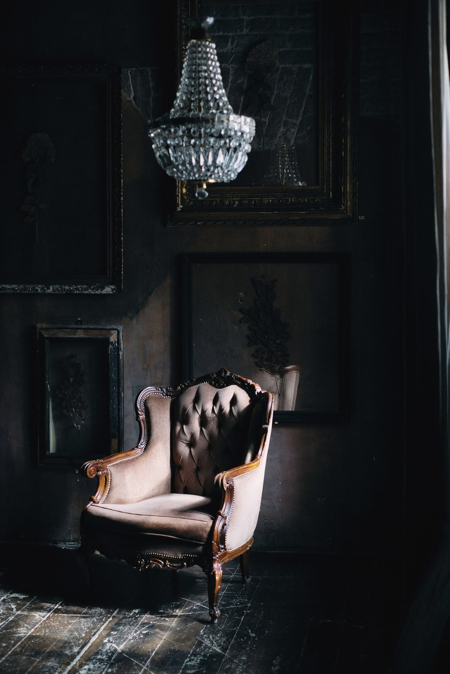 Dark, warmly lit living room styled with Nona Mercantile furniture